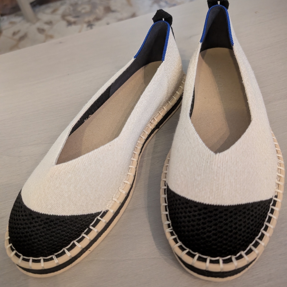 Rothy's Black and Cream Flats with Blue Accent